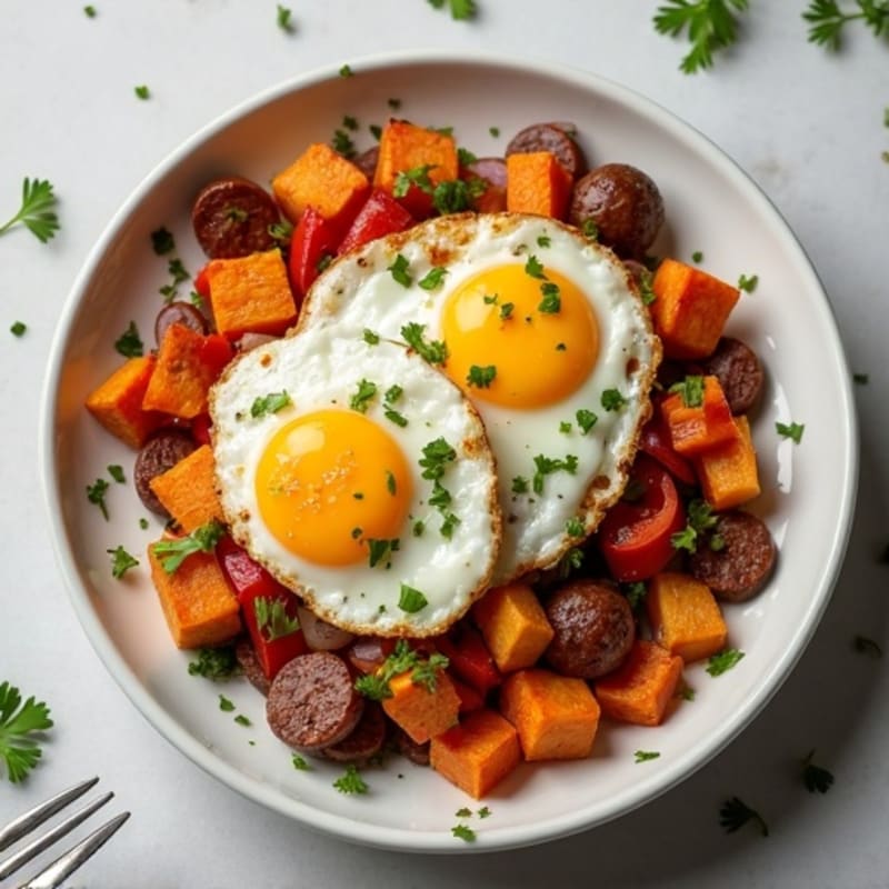 Sweet Potato Hash with Crispy Eggs and Fresh Herbs