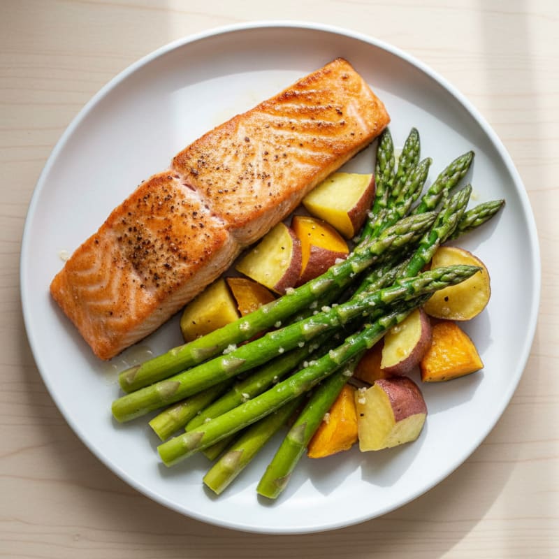 Seared Salmon with Steamed Asparagus and Citrus-Garlic Drizzle