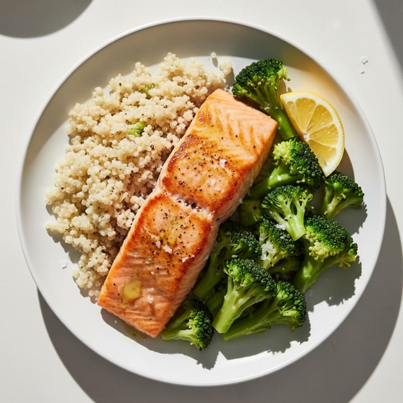 Seared Salmon with Steamed Broccoli and Quinoa
