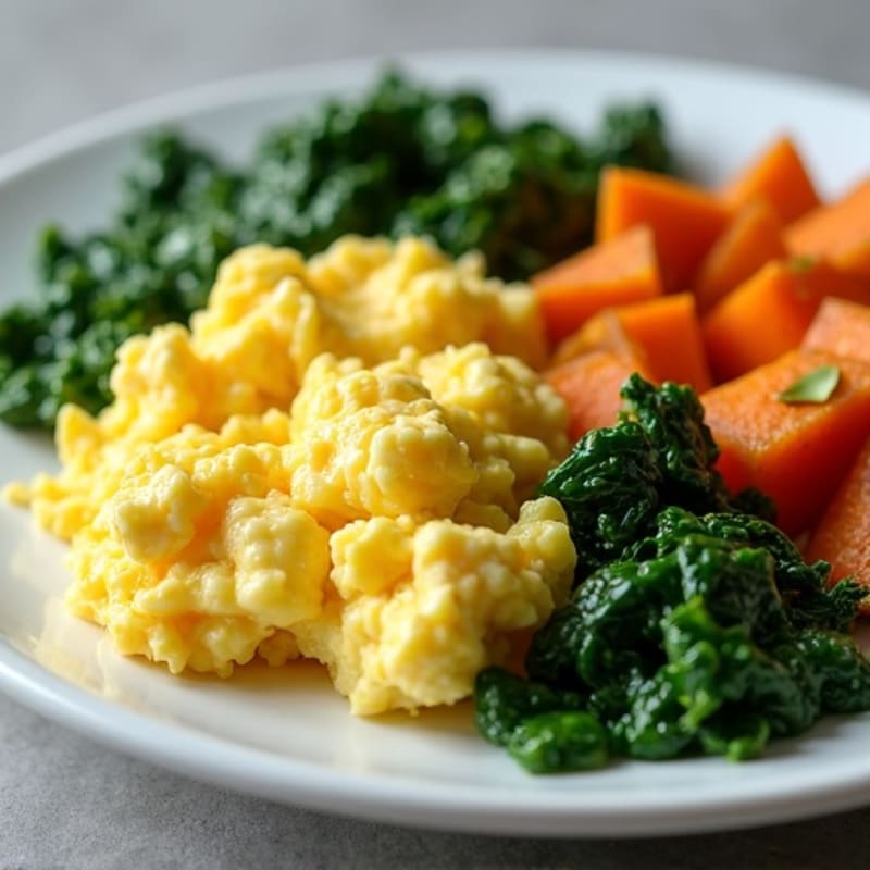 Fluffy Scrambled Eggs with Sautéed Greens and Roasted Sweet Potato