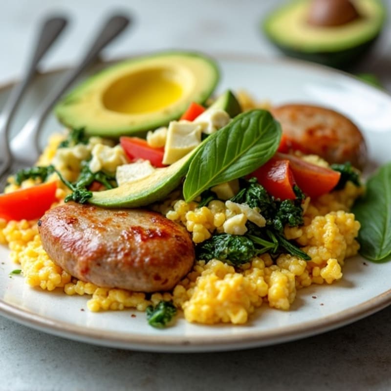 Egg White and Spinach Scramble with Seared Turkey Sausage
