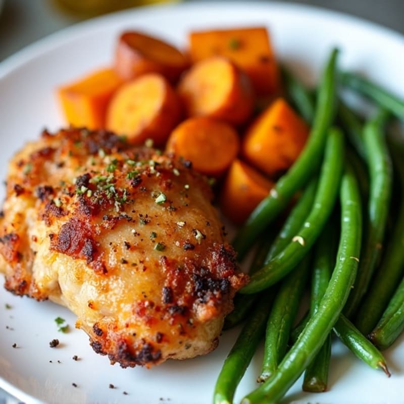 Crispy Baked Chicken Thighs with Roasted Sweet Potatoes and Green Beans