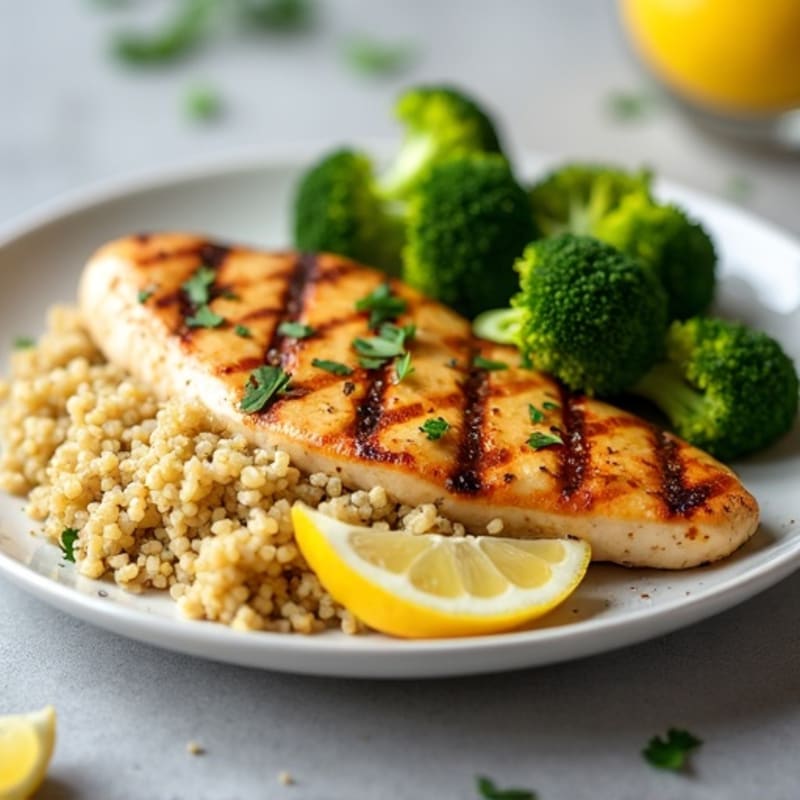 Grilled Lemon-Garlic Chicken Breast with Quinoa and Steamed Broccoli