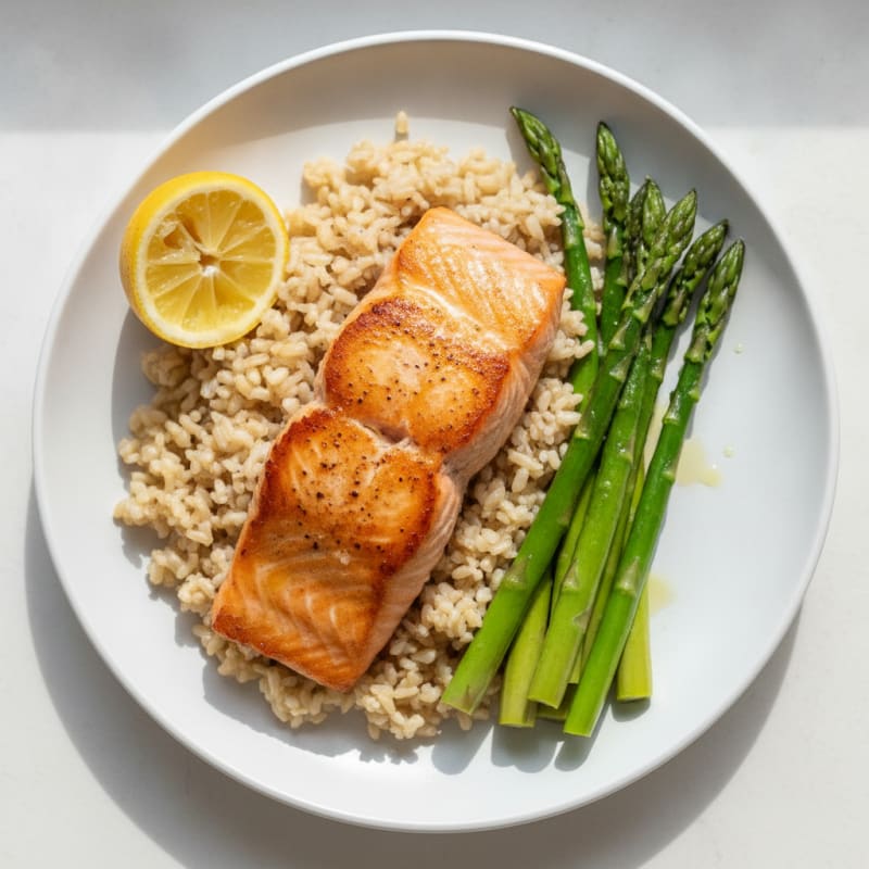 Seared Salmon with Steamed Asparagus and Brown Rice