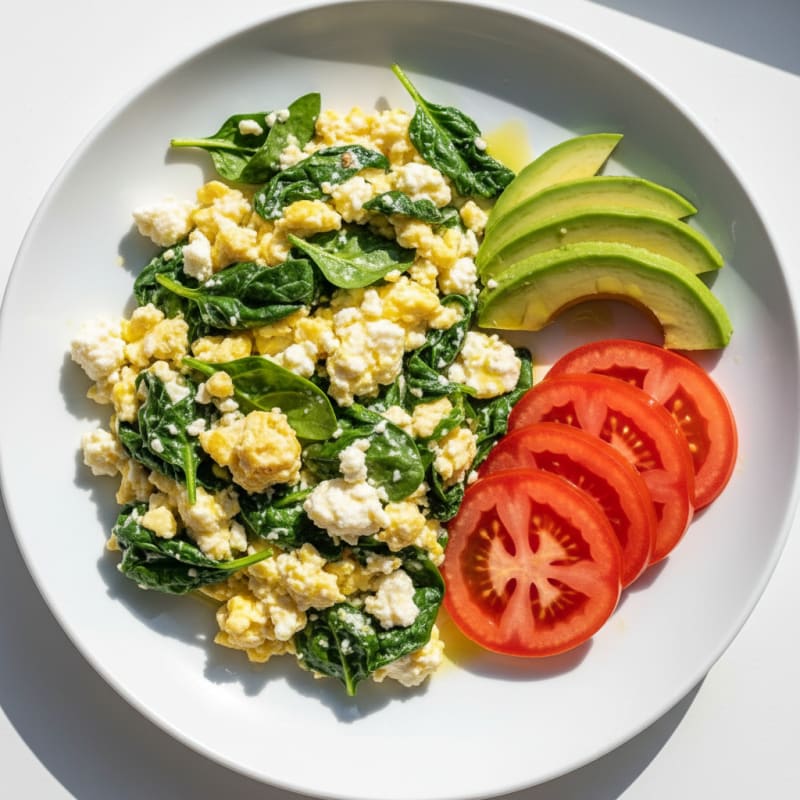 Egg White Spinach Scramble with Cottage Cheese and Sliced Tomatoes