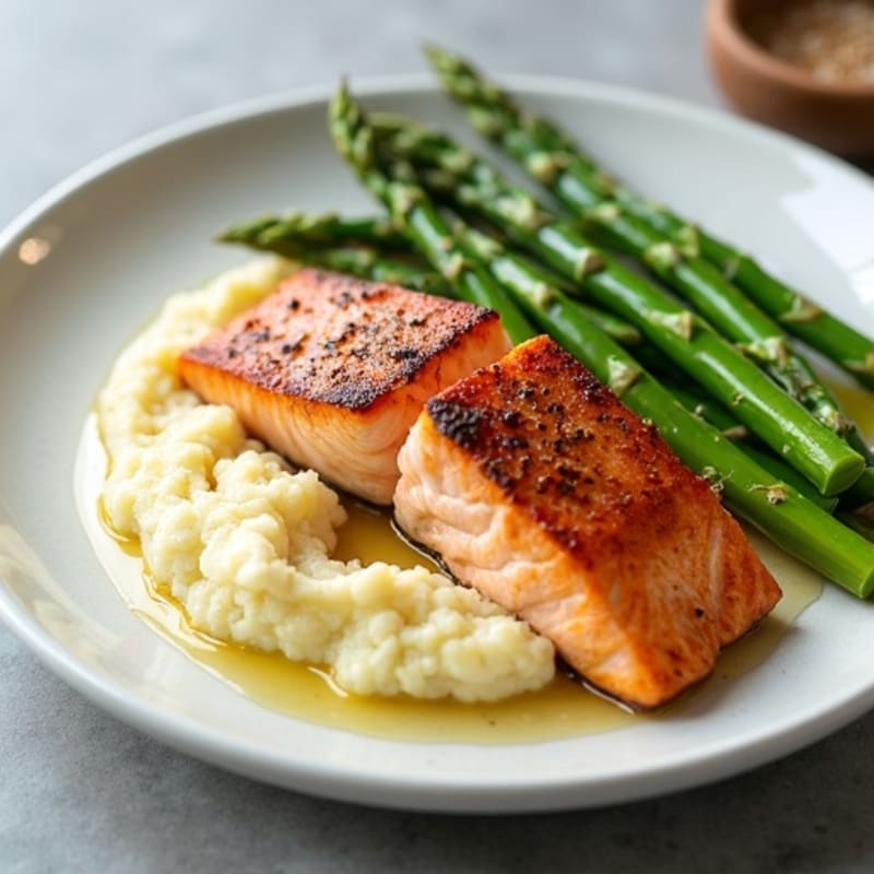 Seared Salmon with Steamed Asparagus and Garlic Cauliflower Mash