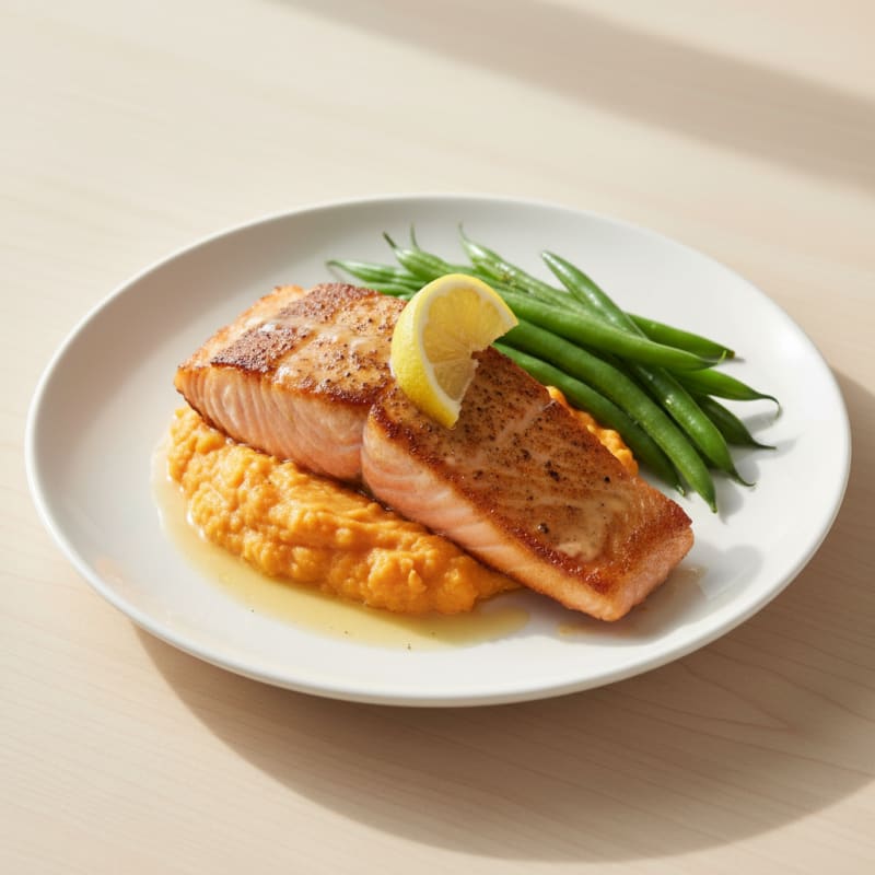 Seared Salmon with Steamed Green Beans and Sweet Potato Mash