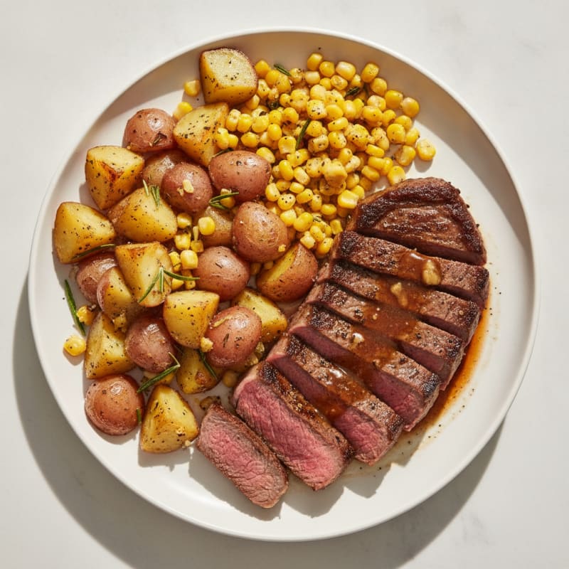 Seared Steak with Herb Potatoes and Sauteed Corn