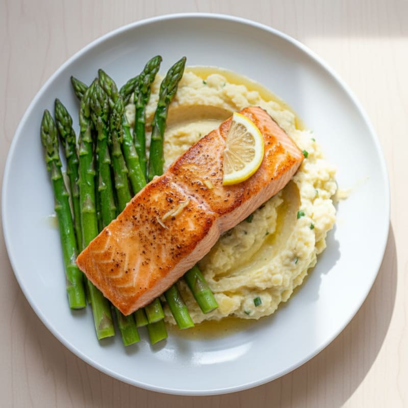 Seared Salmon with Steamed Asparagus and Garlic Cauliflower Mash