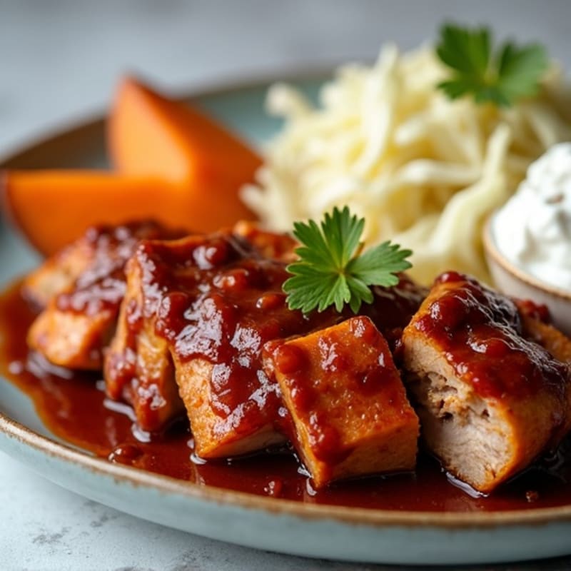 Lean Slow Cooked BBQ Pulled Pork with Roasted Sweet Potato Wedges and Creamy Coleslaw