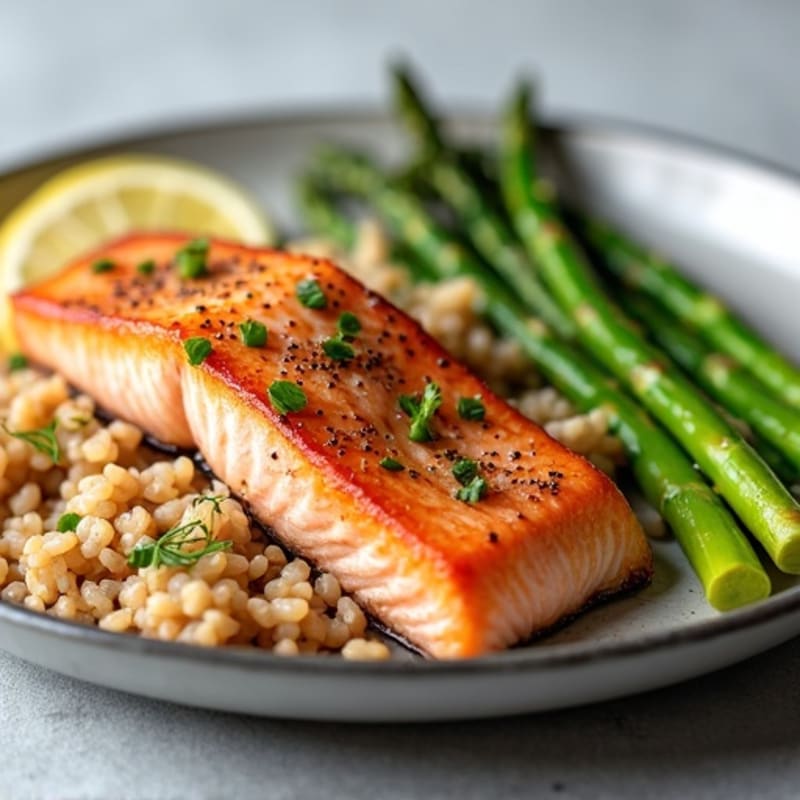 Seared Salmon with Steamed Asparagus and Brown Rice