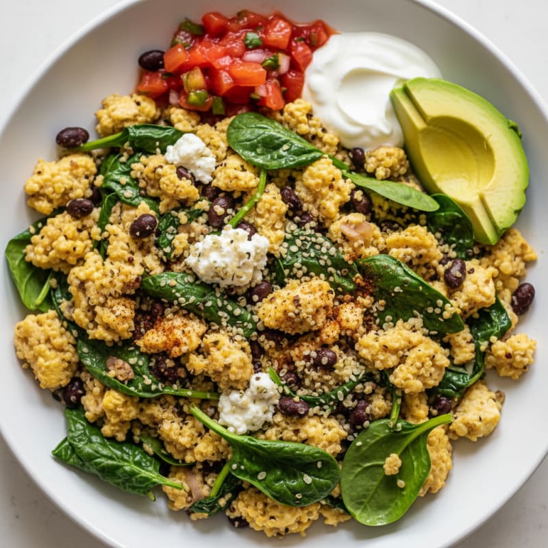 Southwestern Scrambled Eggs with Quinoa and Spinach