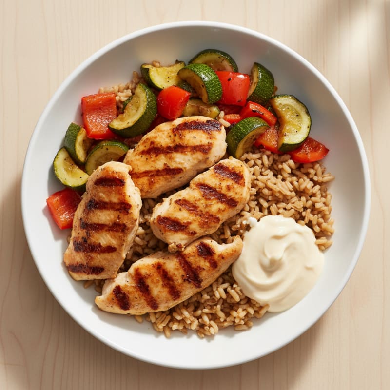 Grilled Chicken and Roasted Vegetable Bowl with Brown Rice