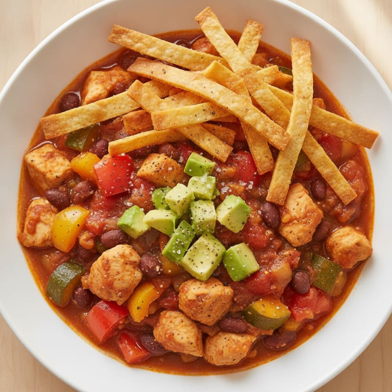 Chicken and Vegetable Chili with Crispy Tortilla Strips