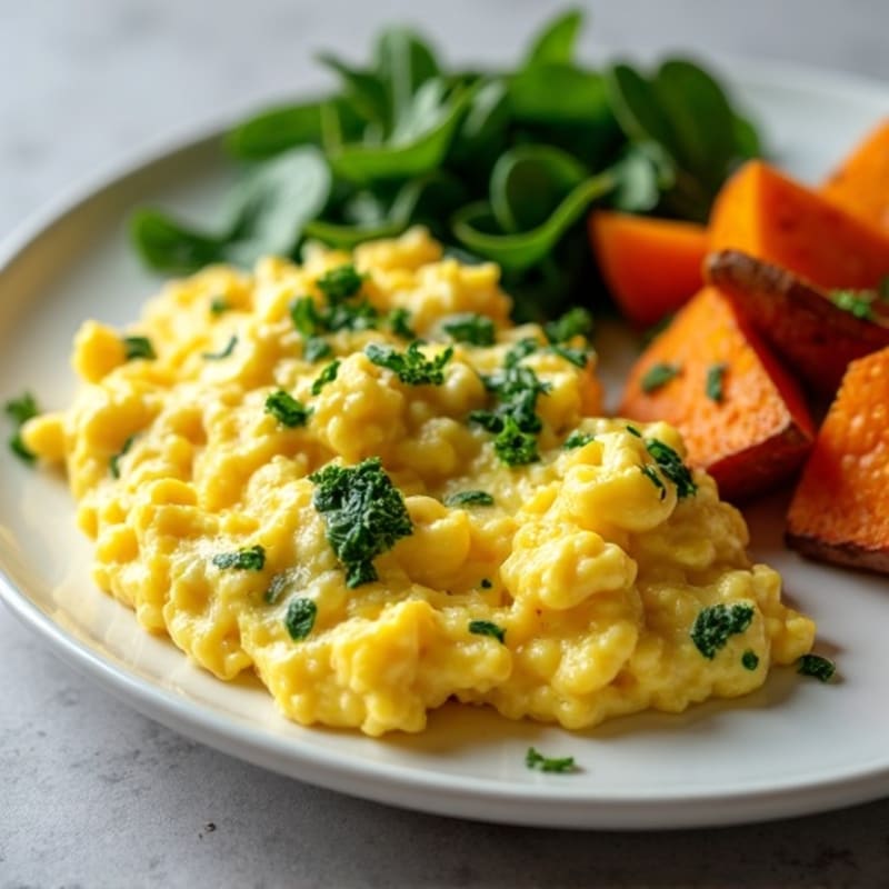 Fluffy Scrambled Eggs with Fresh Spinach and Roasted Sweet Potato