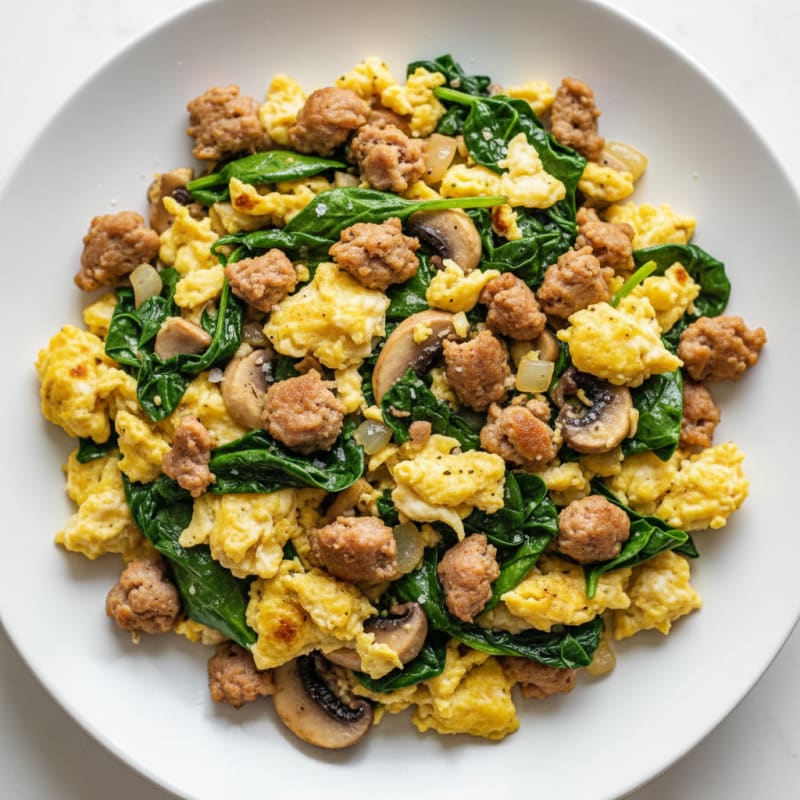 Egg White and Turkey Sausage Scramble with Spinach and Mushrooms