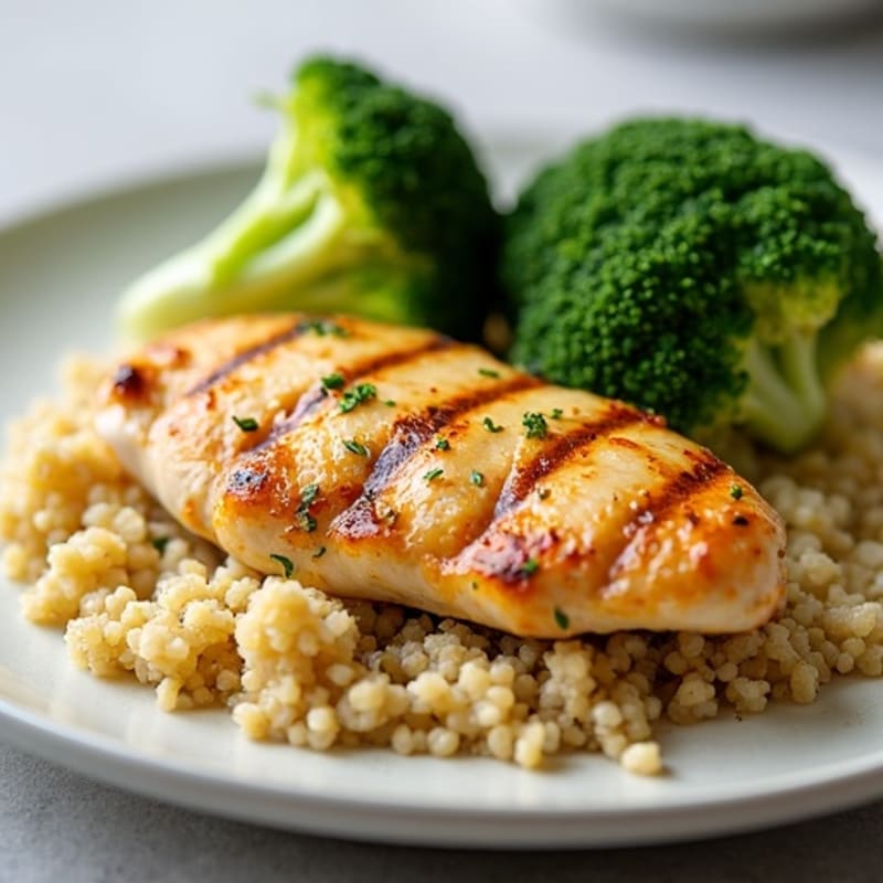 Grilled Lemon-Garlic Chicken Breast with Quinoa and Steamed Broccoli