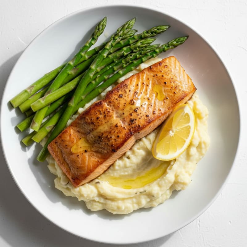 Seared Salmon with Steamed Asparagus and Garlic Mashed Cauliflower