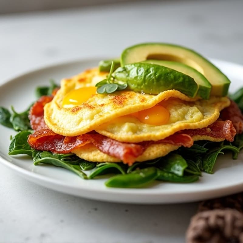 Crispy Egg White Omelet with Turkey Bacon and Sautéed Spinach