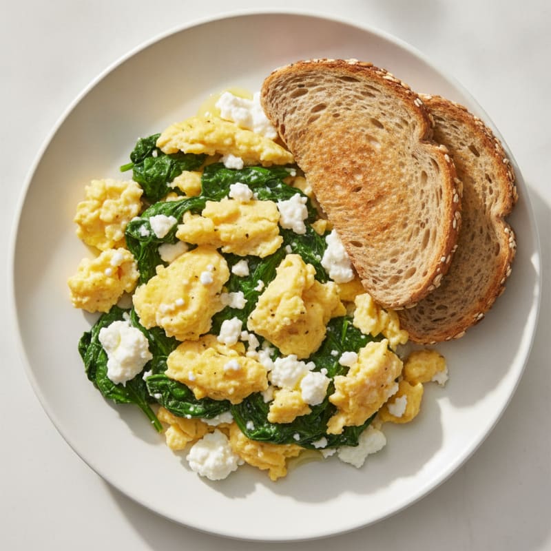 Scrambled Eggs with Cottage Cheese and Sautéed Spinach