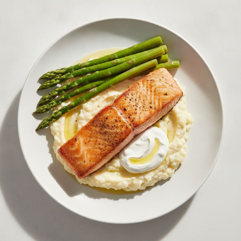 Seared Salmon Filet with Steamed Asparagus and Cauliflower Mash