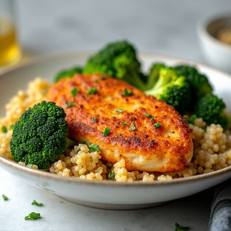 Crispy Baked Chicken Breast with Quinoa and Roasted Broccoli