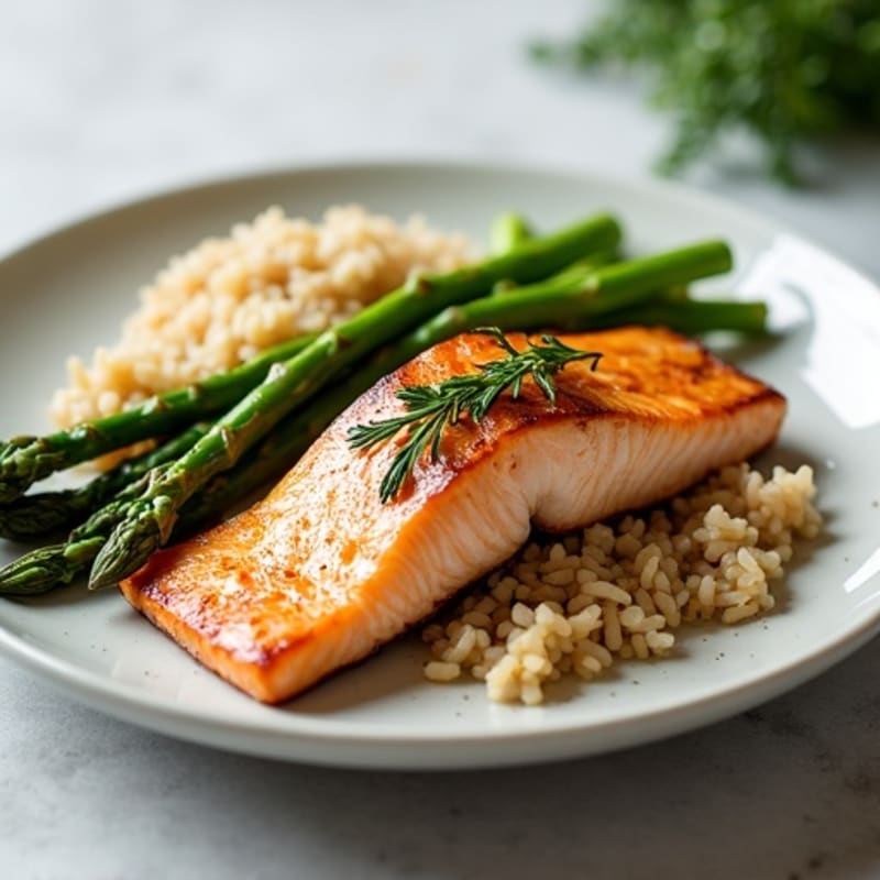 Seared Salmon Fillet with Steamed Asparagus and Brown Rice