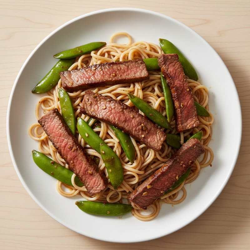 Lean Beef Stir Fry with Rice Noodles and Snap Peas