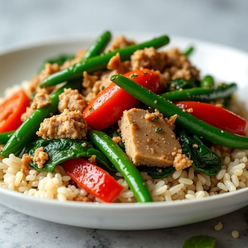 Herb-Seasoned Ground Turkey and Spinach Skillet with Crispy Bell Peppers and Green Beans, served with Fluffy Jasmine Rice