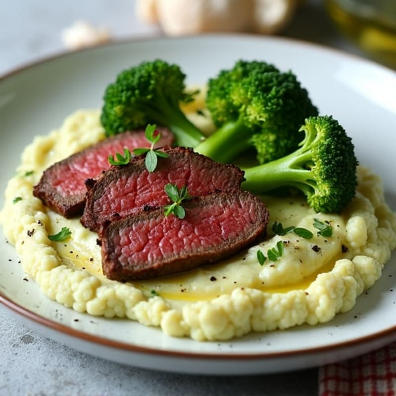 Seared Beef Strips with Roasted Broccoli and Cauliflower Mash