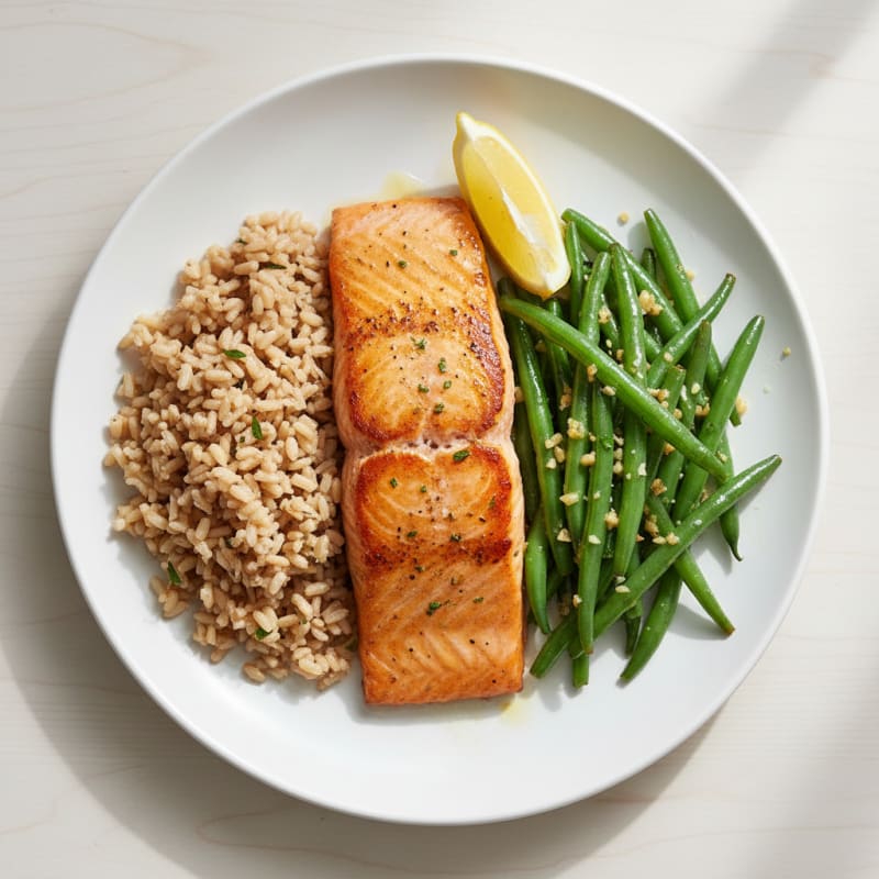 Seared Salmon with Garlic Green Beans and Brown Rice