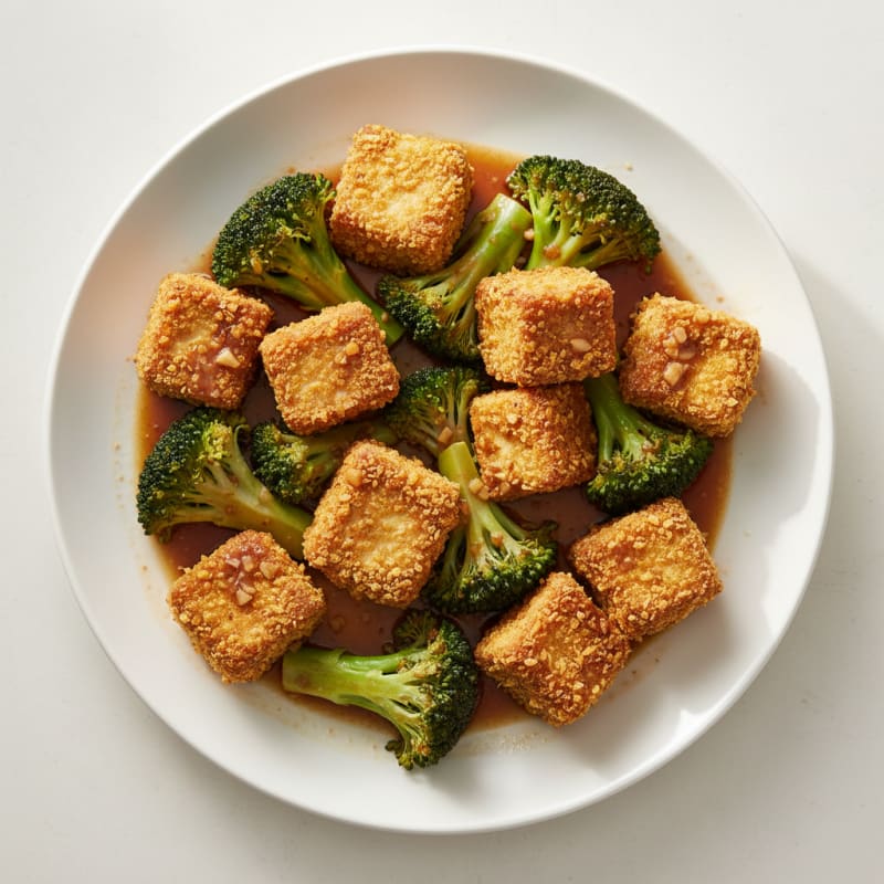 Crispy Baked Tofu with Steamed Broccoli and Ginger Soy Sauce