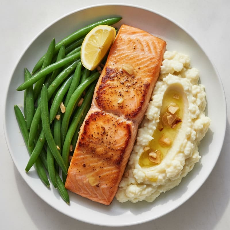 Seared Salmon with Steamed Green Beans and Garlic Mashed Cauliflower