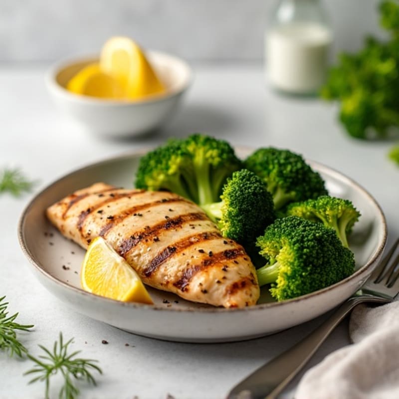 Grilled Chicken Breast with Steamed Broccoli and Lemon
