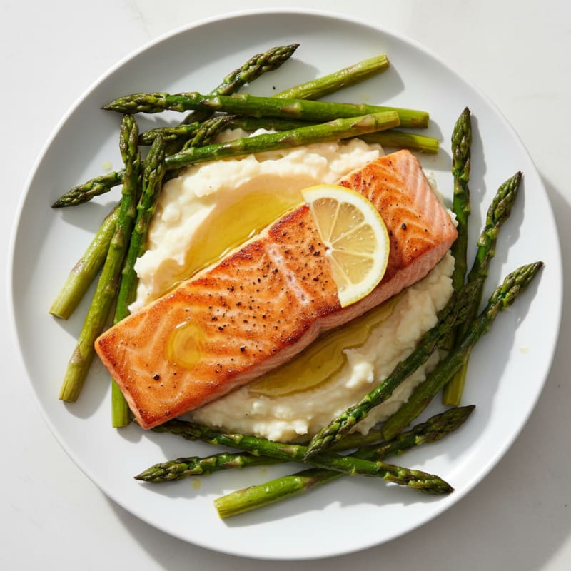 Seared Salmon with Roasted Asparagus and Cauliflower Mash