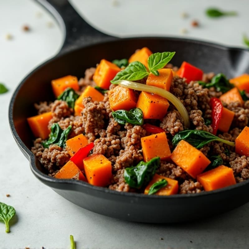 Lean Ground Beef and Roasted Sweet Potato Skillet