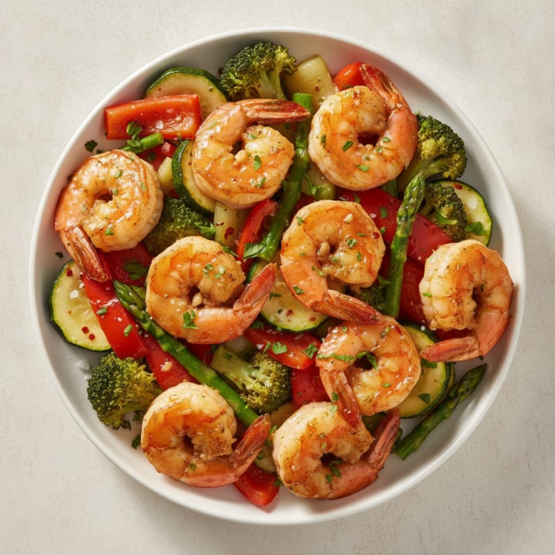 Garlic Jumbo Shrimp with Roasted Vegetables