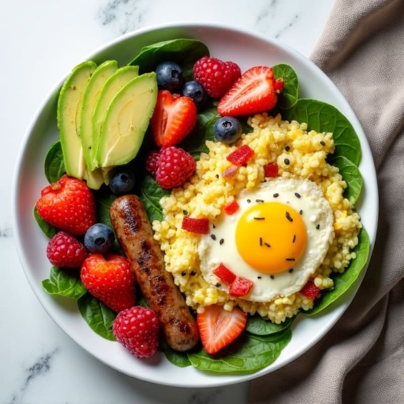 Egg White Veggie Scramble with Turkey Sausage and Fresh Berries