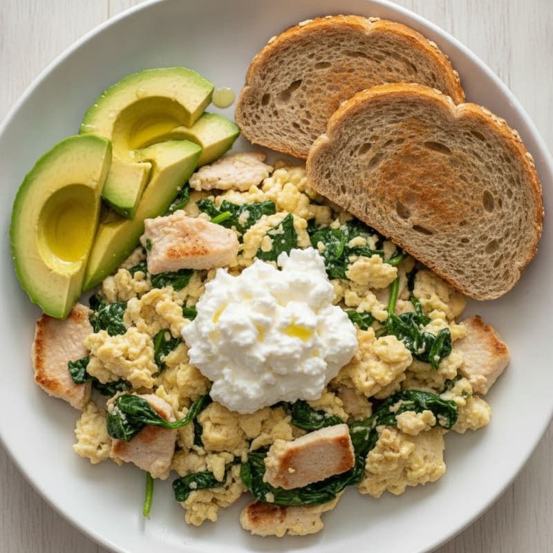 Egg White and Spinach Scramble with Cottage Cheese and Sliced Turkey