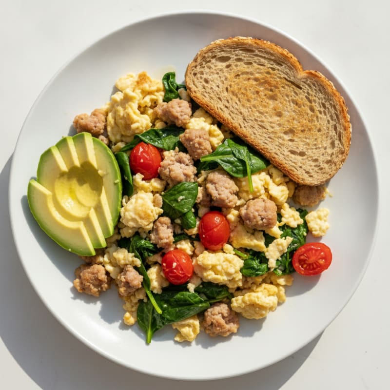 Egg White and Turkey Sausage Scramble with Spinach and Tomatoes