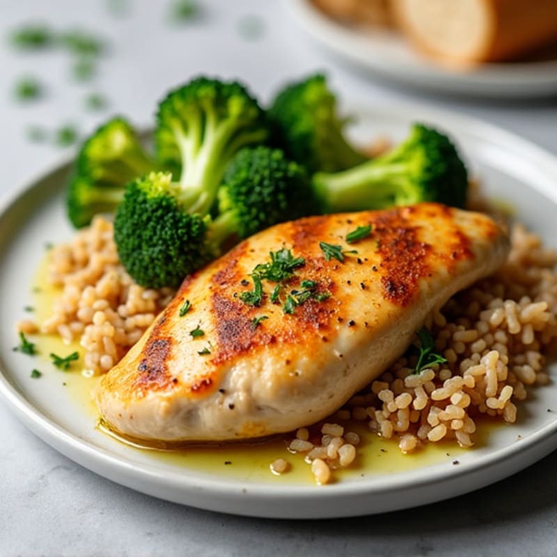 Oven-Baked Chicken Breast with Steamed Broccoli, Brown Rice & Light Olive Oil Drizzle
