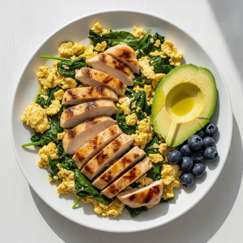 Scrambled Eggs with Sautéed Spinach and Grilled Chicken Breast