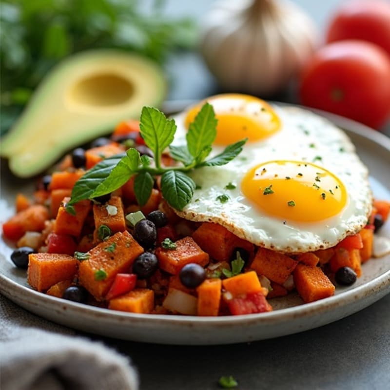 Crispy Sweet Potato Hash with Fried Eggs and Fresh Avocado