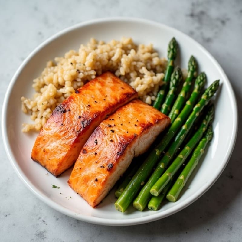 Seared Salmon Fillet with Steamed Asparagus and Brown Rice