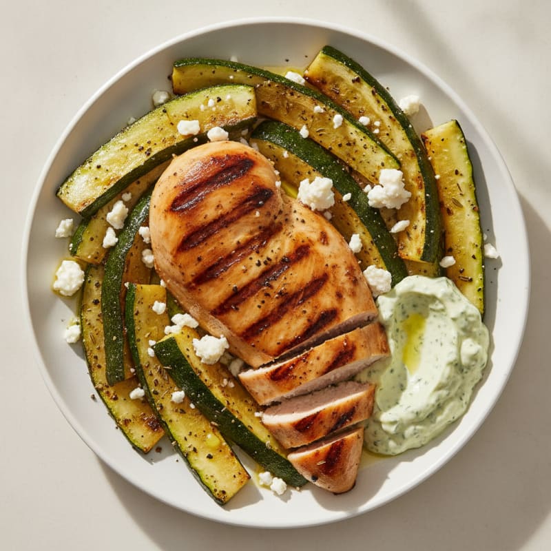 Grilled Chicken Breast with Creamy Herb Mayo and Roasted Zucchini