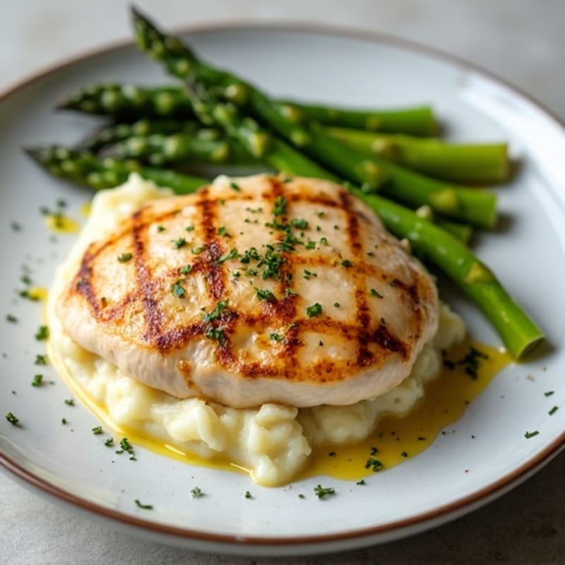Pan-Seared Chicken with Creamy Garlic Mashed Potatoes and Roasted Asparagus