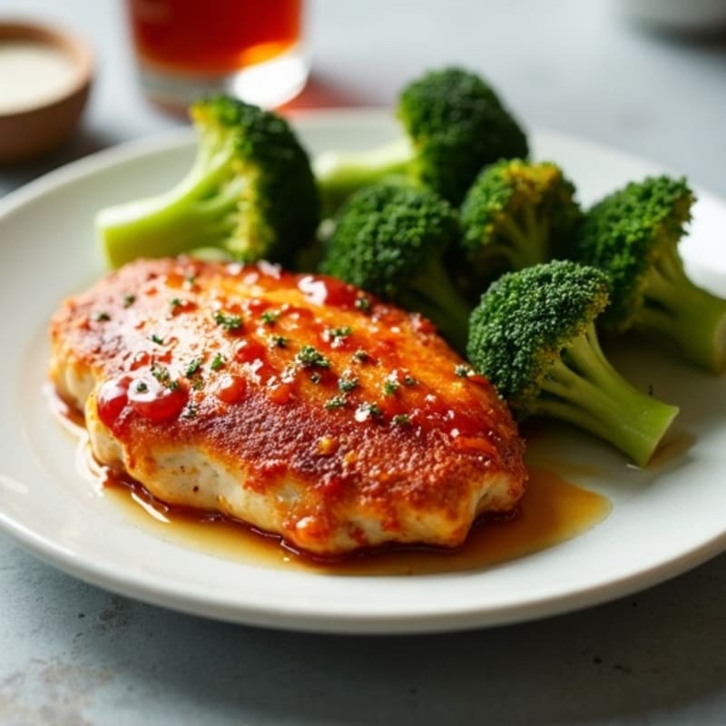 Crispy Baked Chicken with Sticky Sweet and Spicy Glaze and Roasted Broccoli