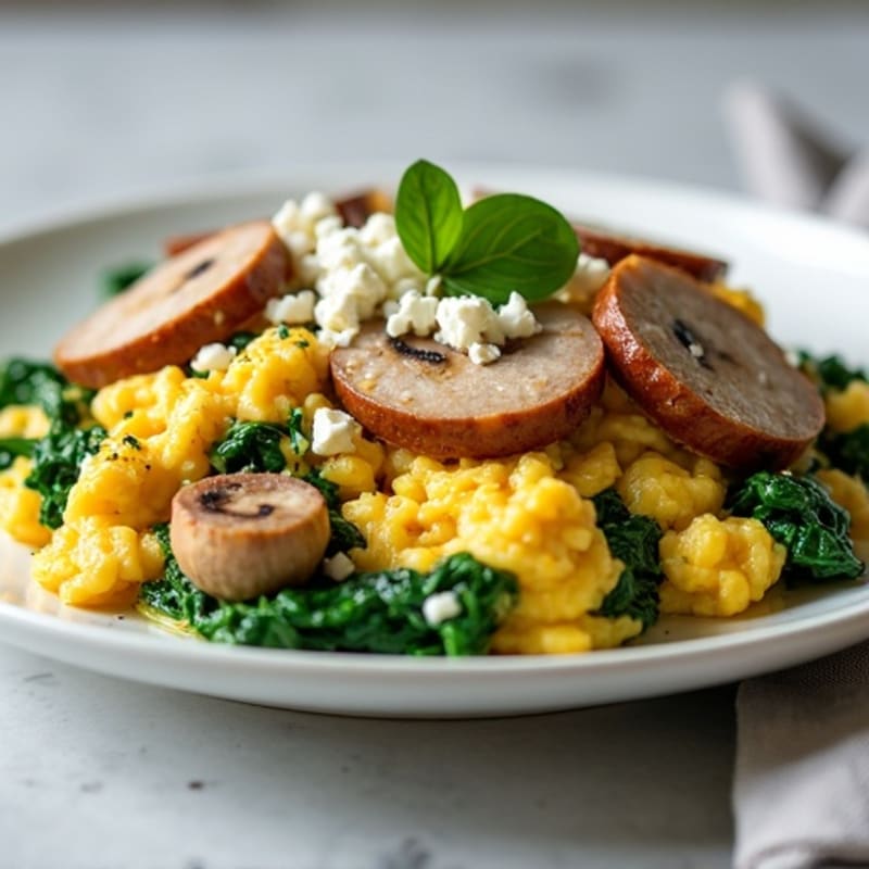 Egg White Spinach Scramble with Turkey Sausage and Sautéed Mushrooms
