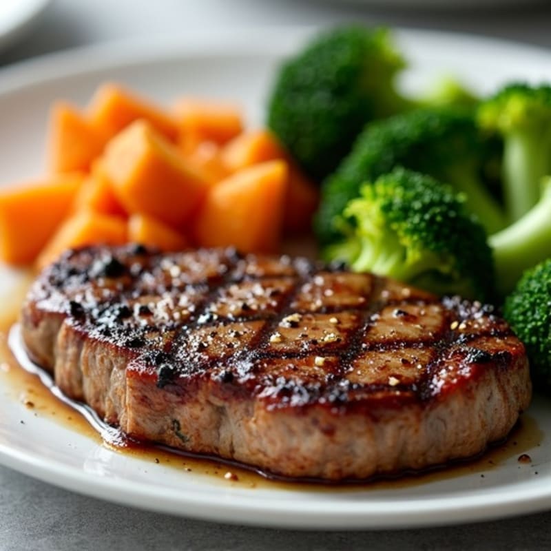 Seared Steak with Steamed Broccoli and Baked Sweet Potato
