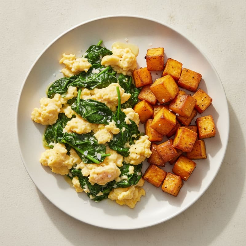 Scrambled Eggs with Sautéed Spinach and Roasted Sweet Potatoes